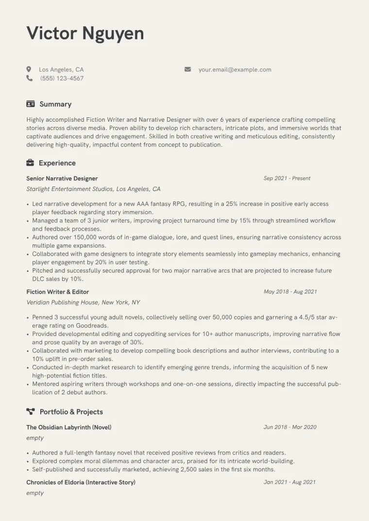 Fiction Writer Resume Example CV template preview
