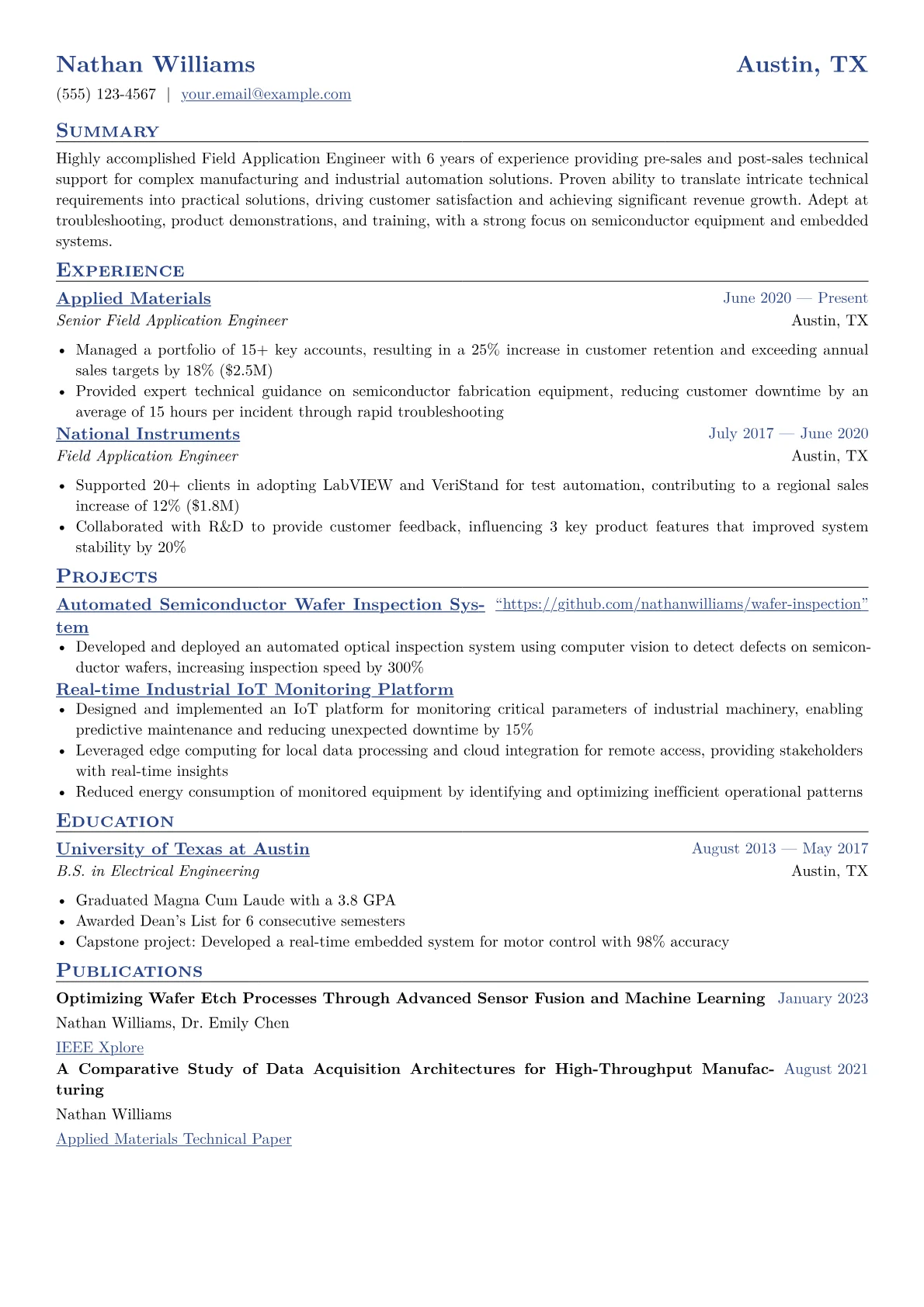 Field Application Engineer Resume Example CV template - Page 1