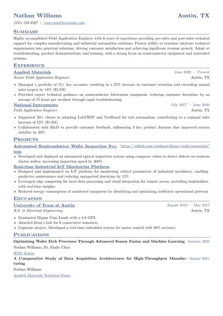 Field Application Engineer Resume Example CV template preview