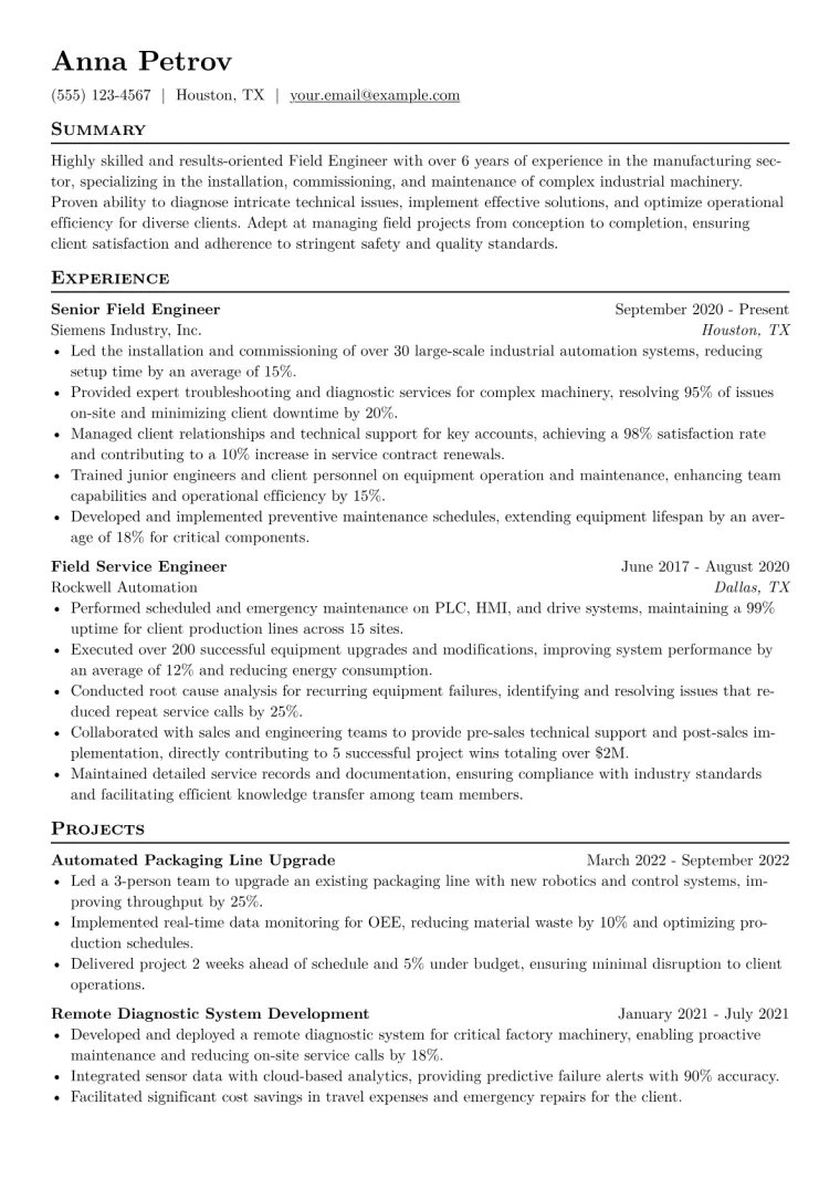 Field Engineer Resume Example CV template preview