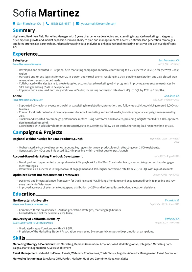 Field Marketing Manager Resume Example CV template preview