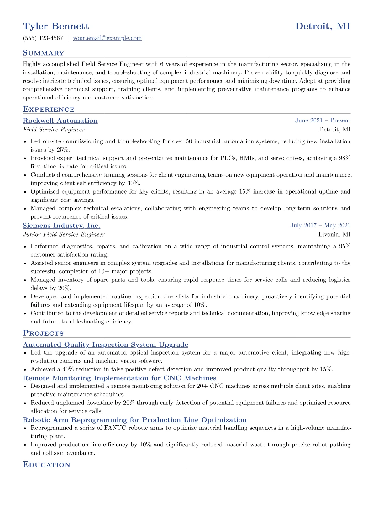 Field Service Engineer Resume Example CV template - Page 1