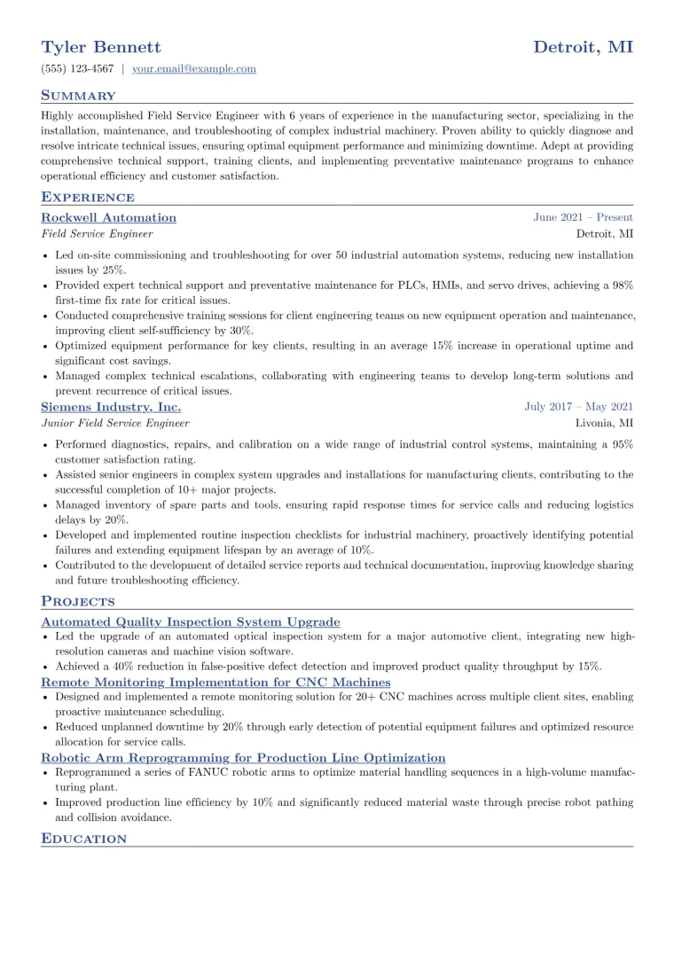 Field Service Engineer Resume Example CV template preview