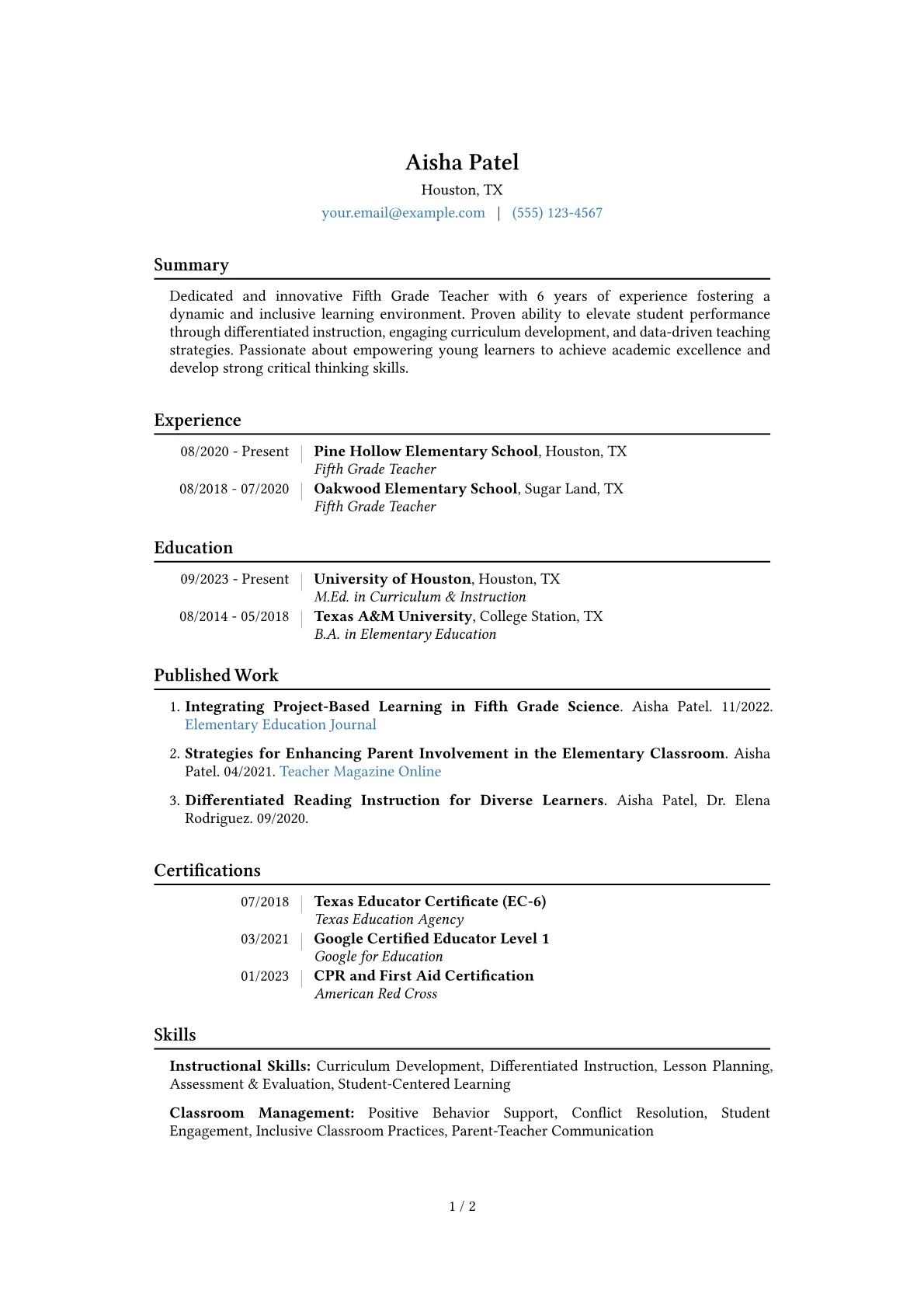 Fifth Grade Teacher Resume Example CV template - Page 1