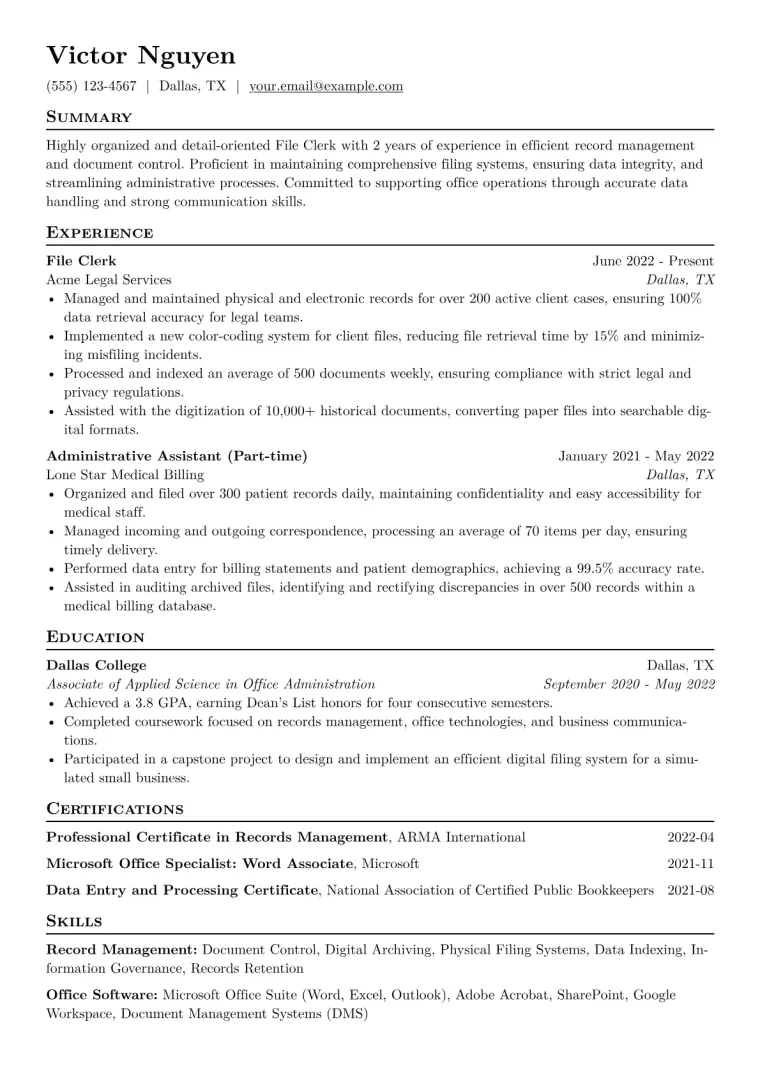 File Clerk Resume Example