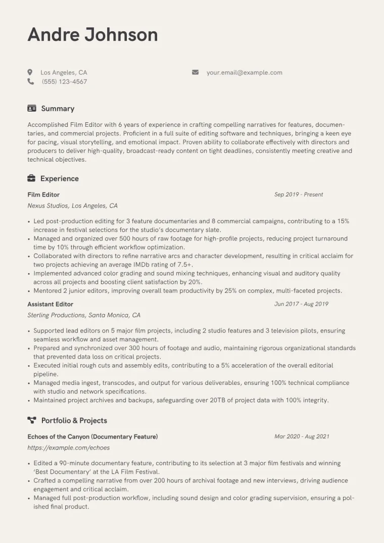 Film Editor Resume Example CV template preview