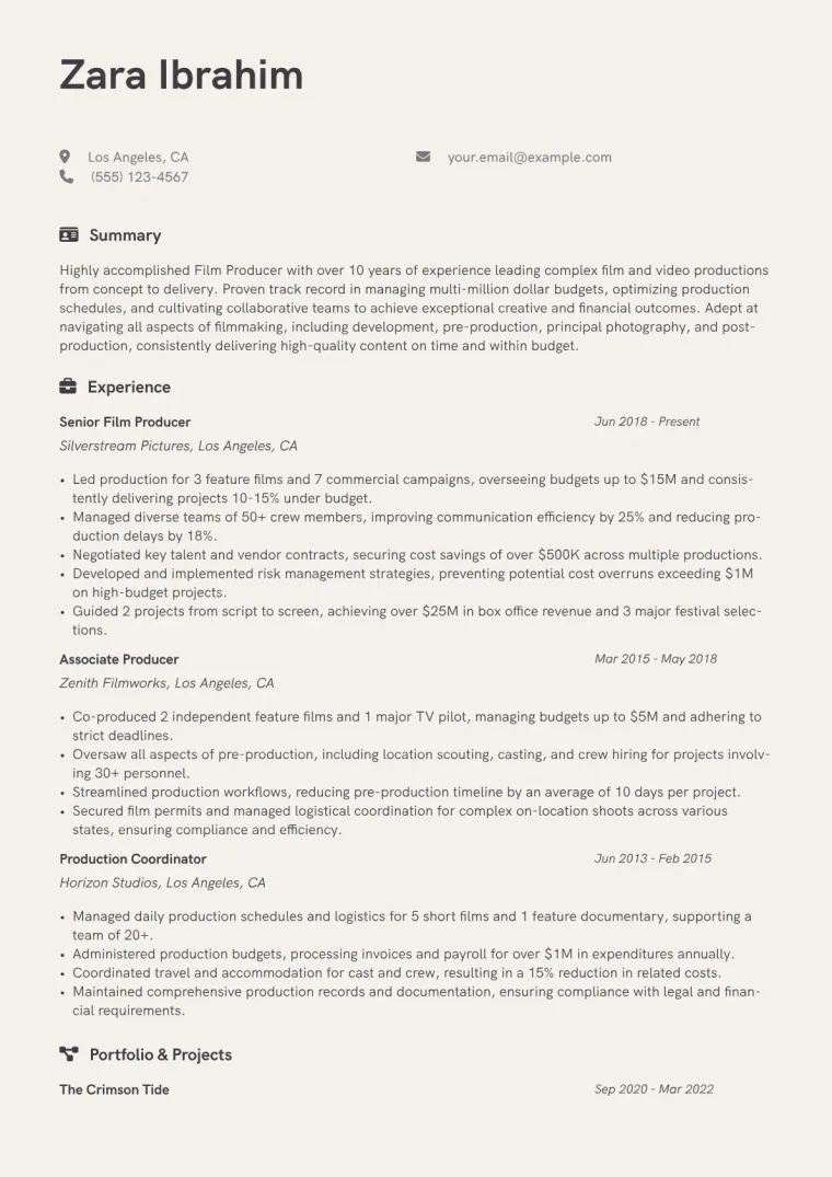 Film Producer Resume Example CV template preview