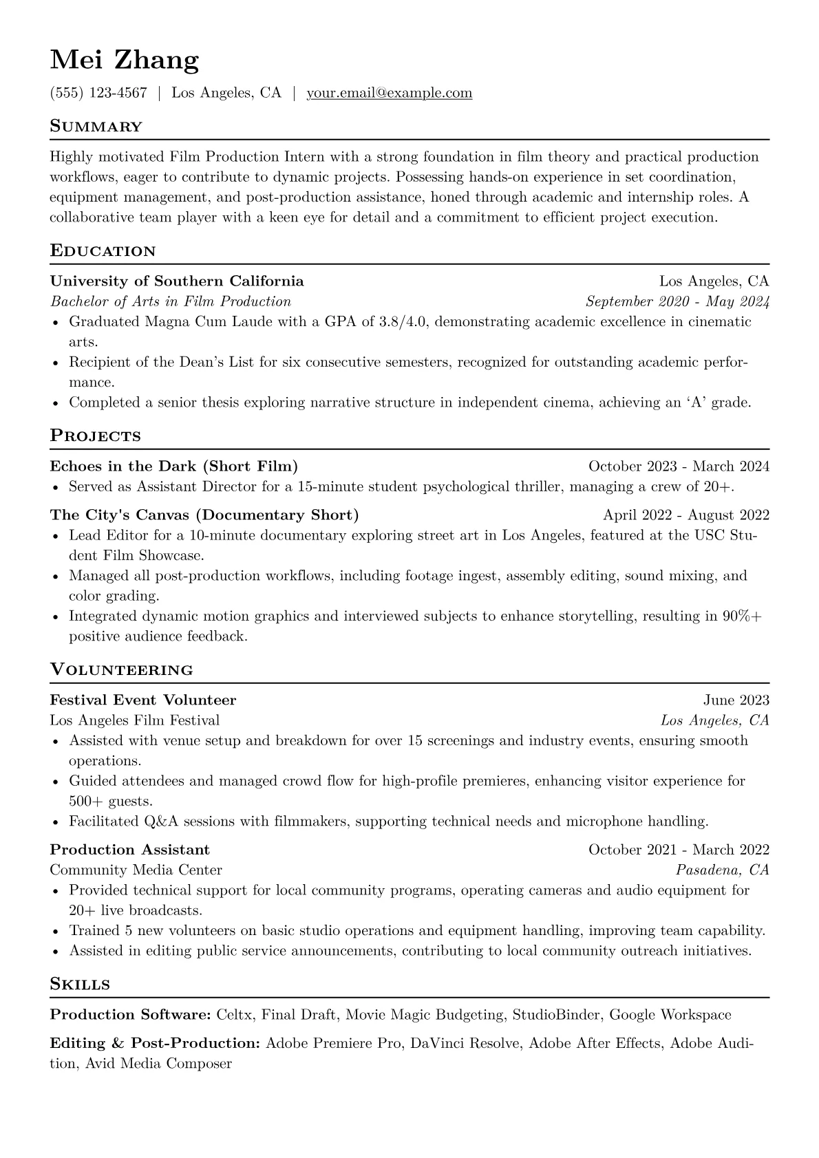 Film Production Intern Resume Example CV template - Page 1