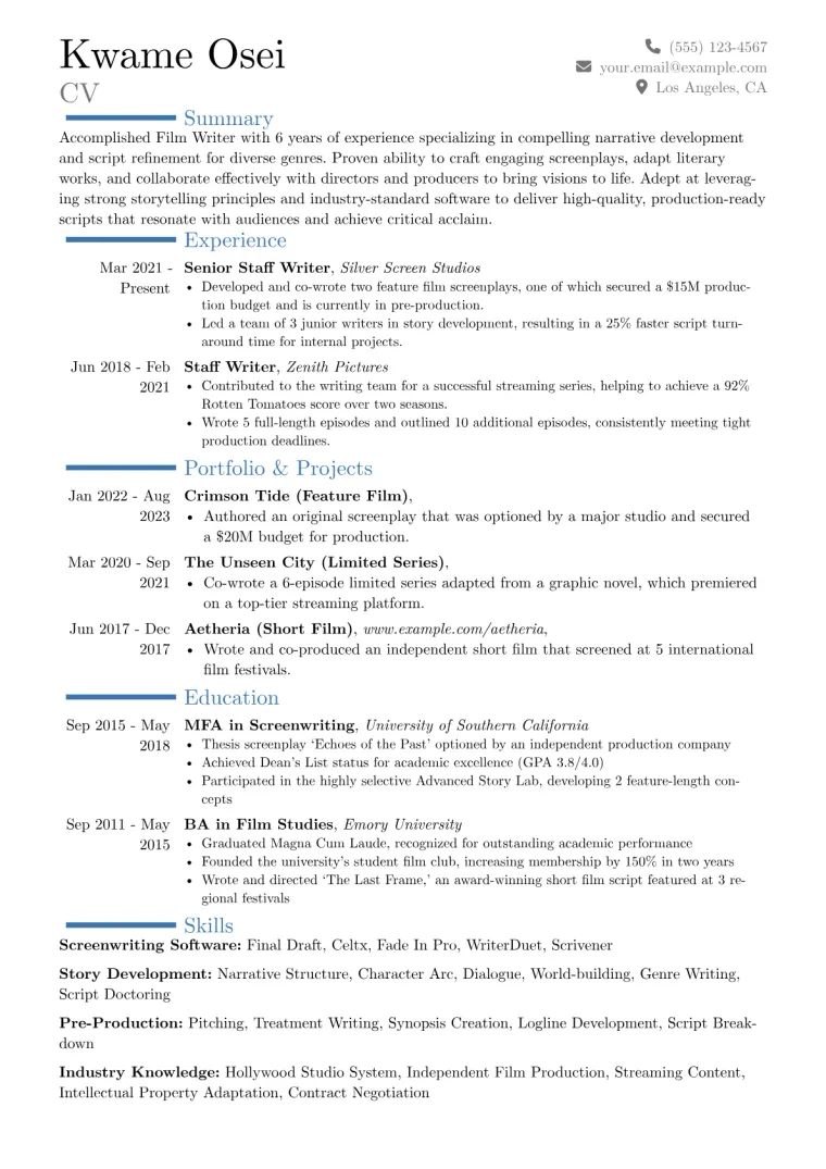 Film Writer Resume Example CV template preview