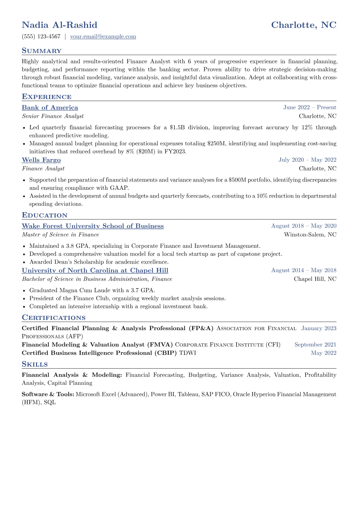 Finance Analyst Resume Example CV template - Page 1