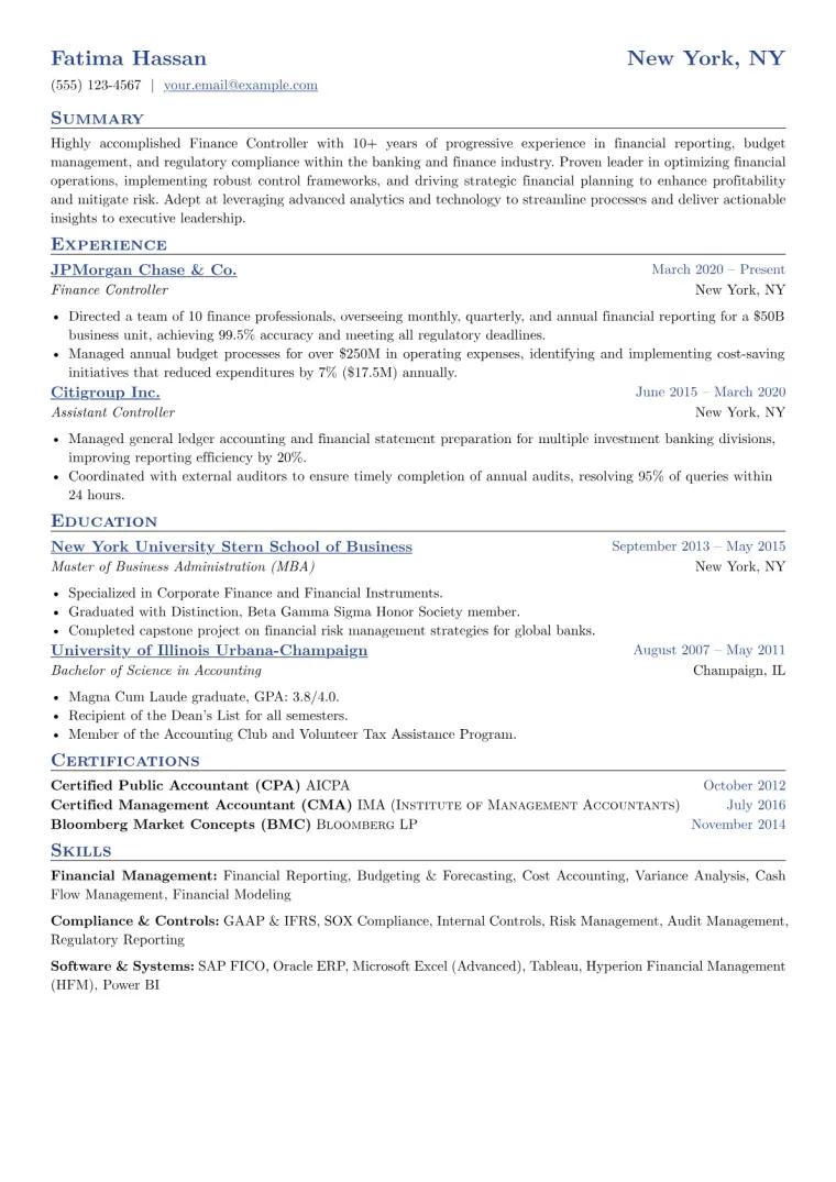 Finance Controller Resume Example