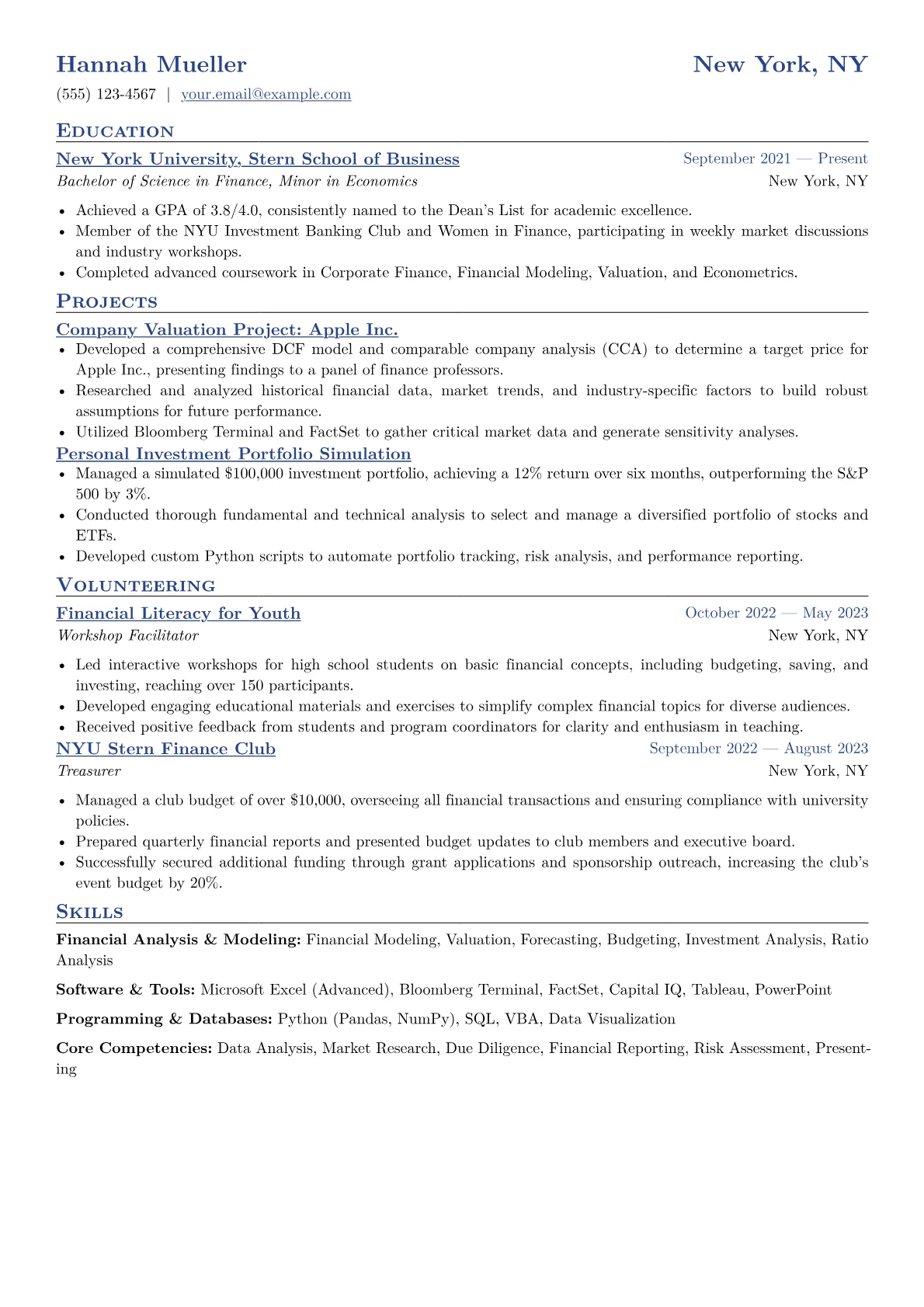 Finance Intern Resume Example CV template - Page 1