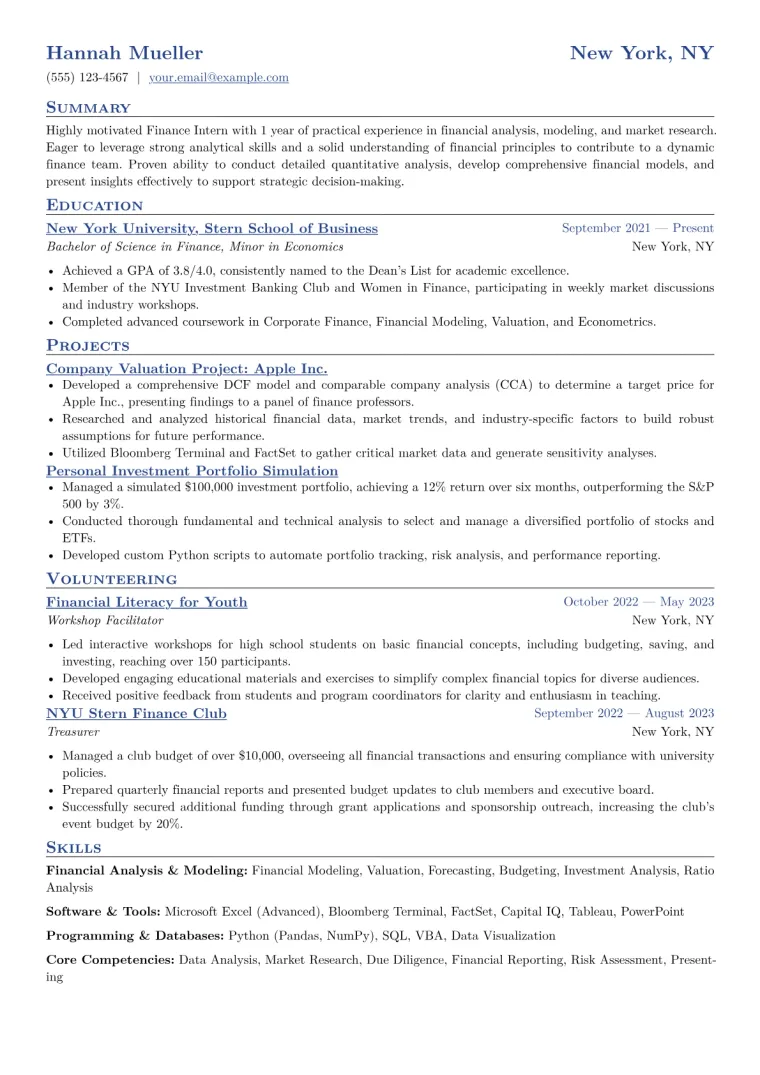 Finance Intern Resume Example CV template preview
