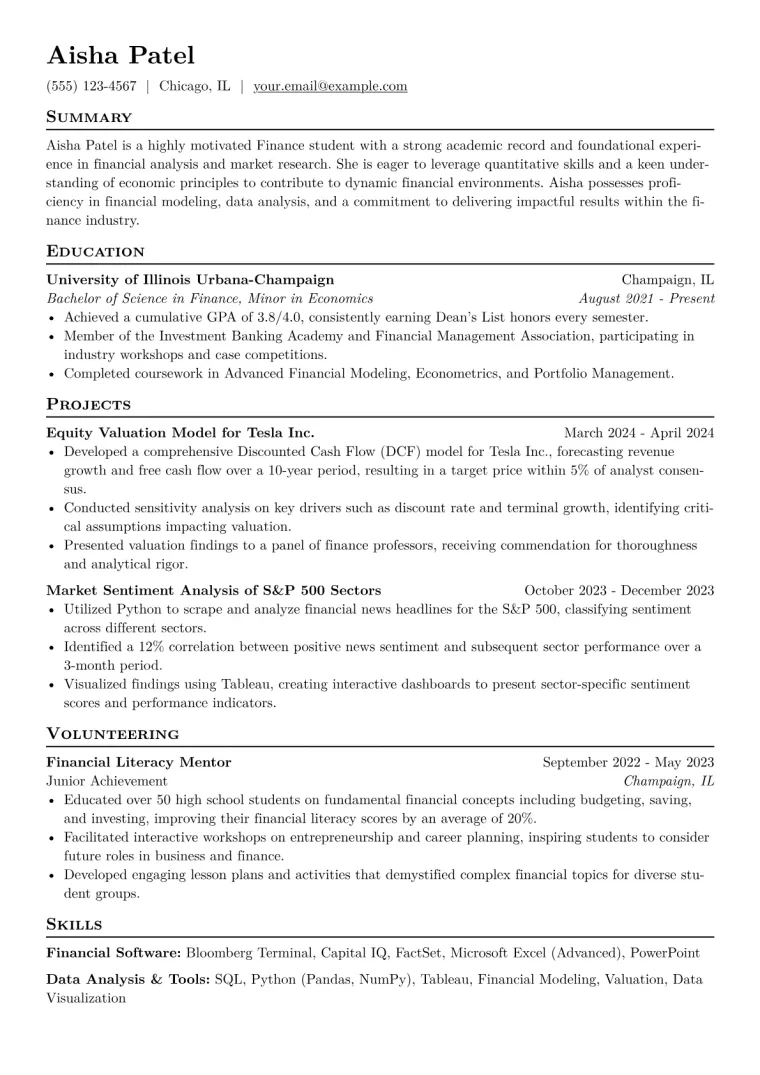 Finance Student Resume Example