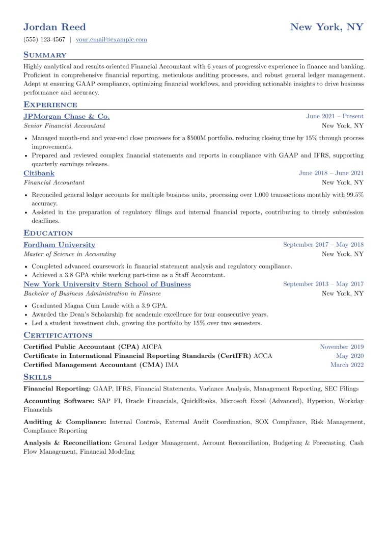 Financial Accountant Resume Example CV template preview