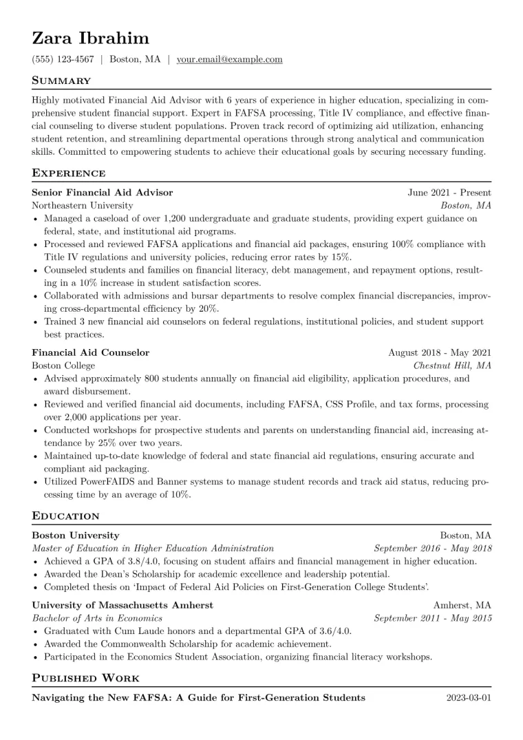 Financial Aid Advisor Resume Example CV template preview