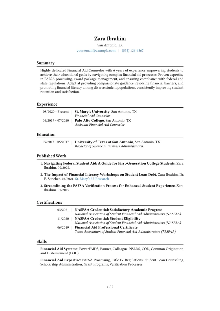Financial Aid Counselor Resume Example CV template preview