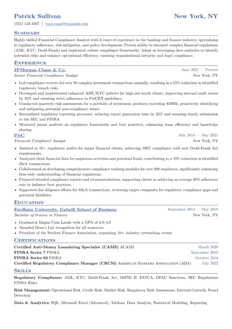 Financial Compliance Analyst Resume Example CV template preview