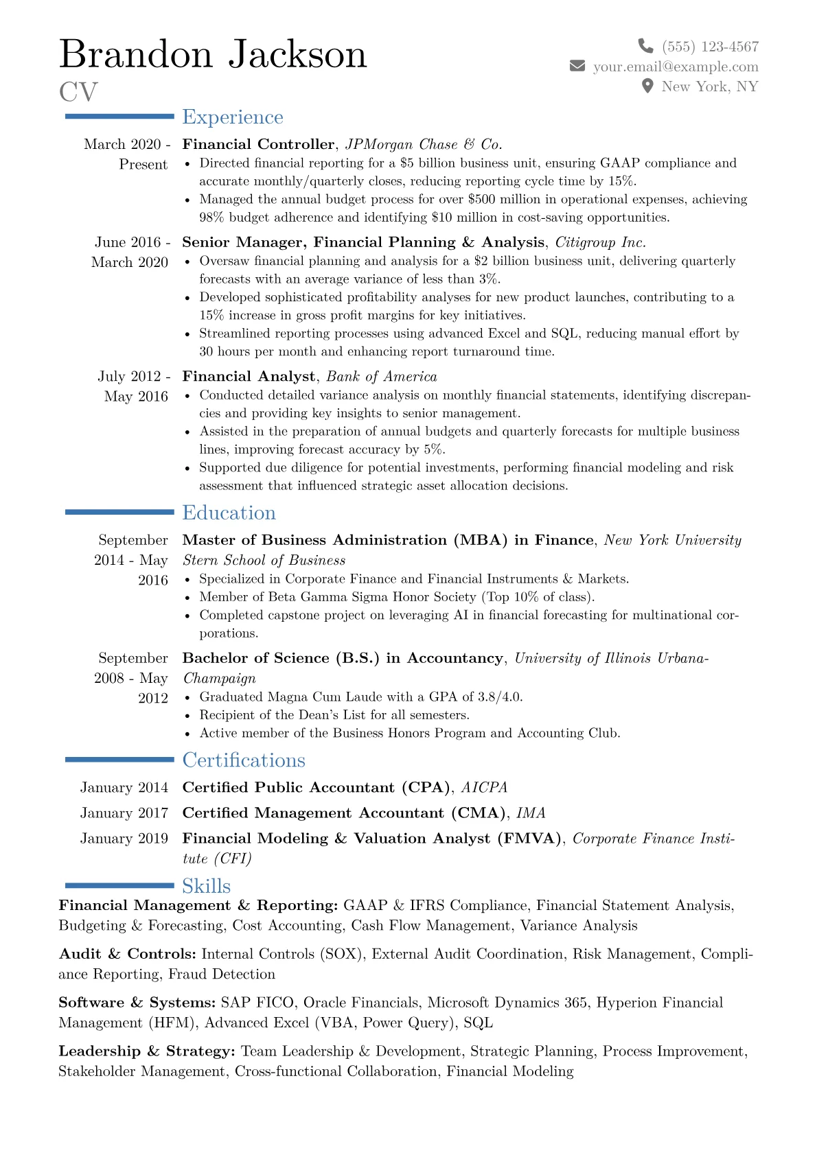 Financial Controller Resume Example CV template - Page 1