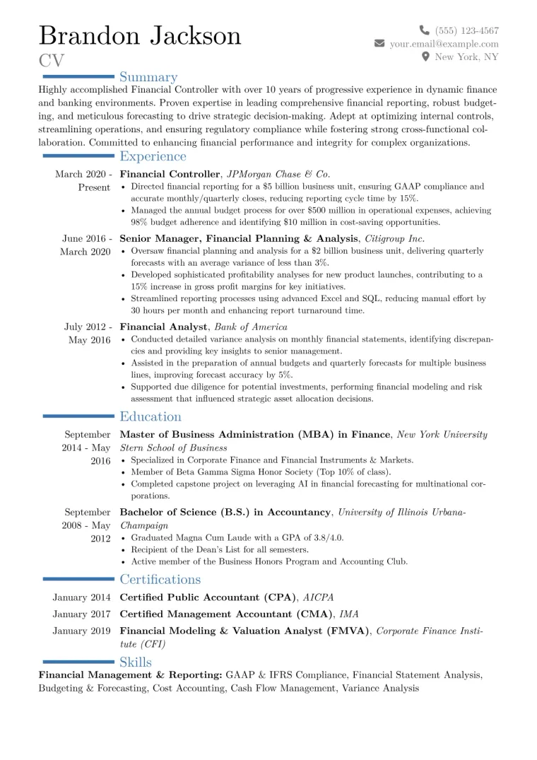 Financial Controller Resume Example CV template preview