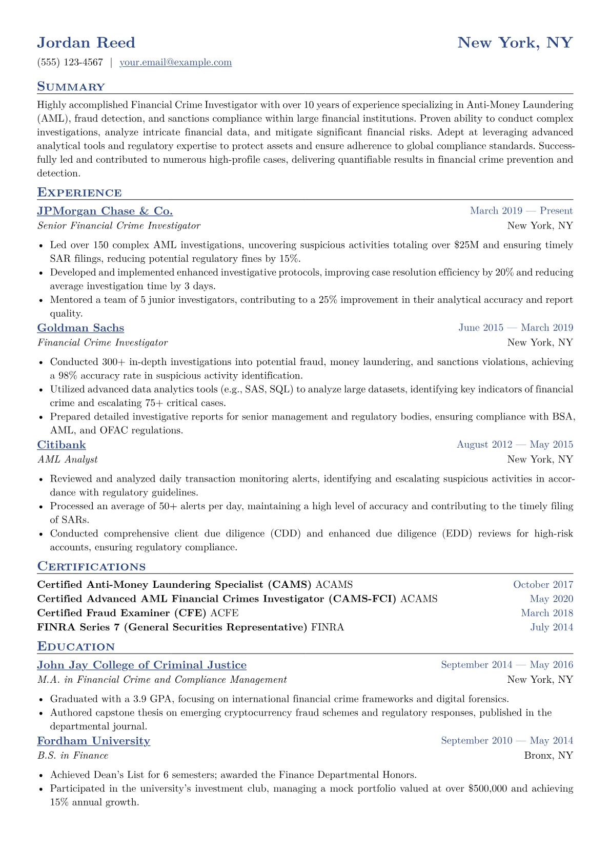 Financial Crime Investigator Resume Example CV template - Page 1