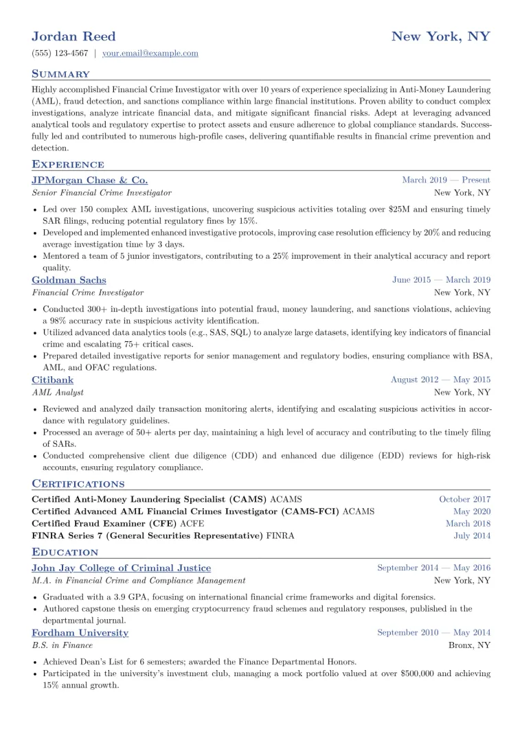 Financial Crime Investigator Resume Example CV template preview