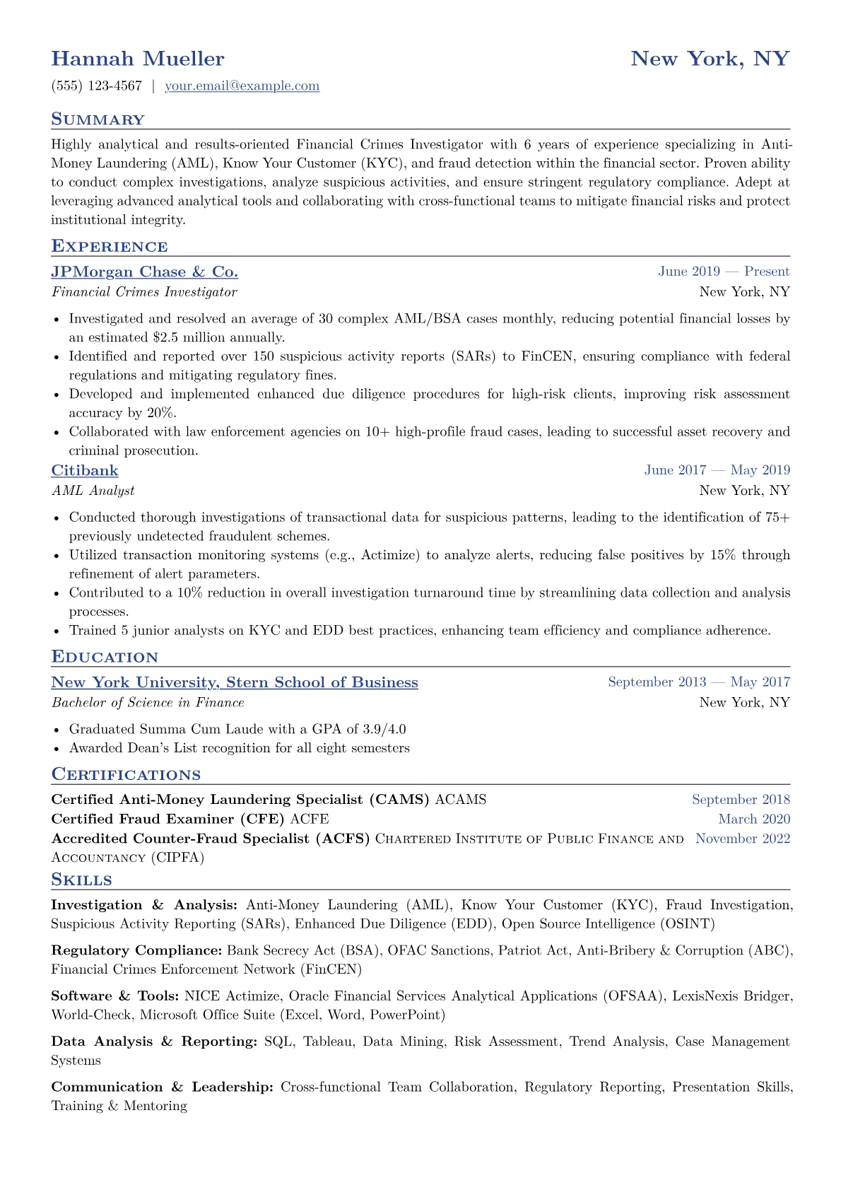 Financial Crimes Investigator Resume Example CV template - Page 1