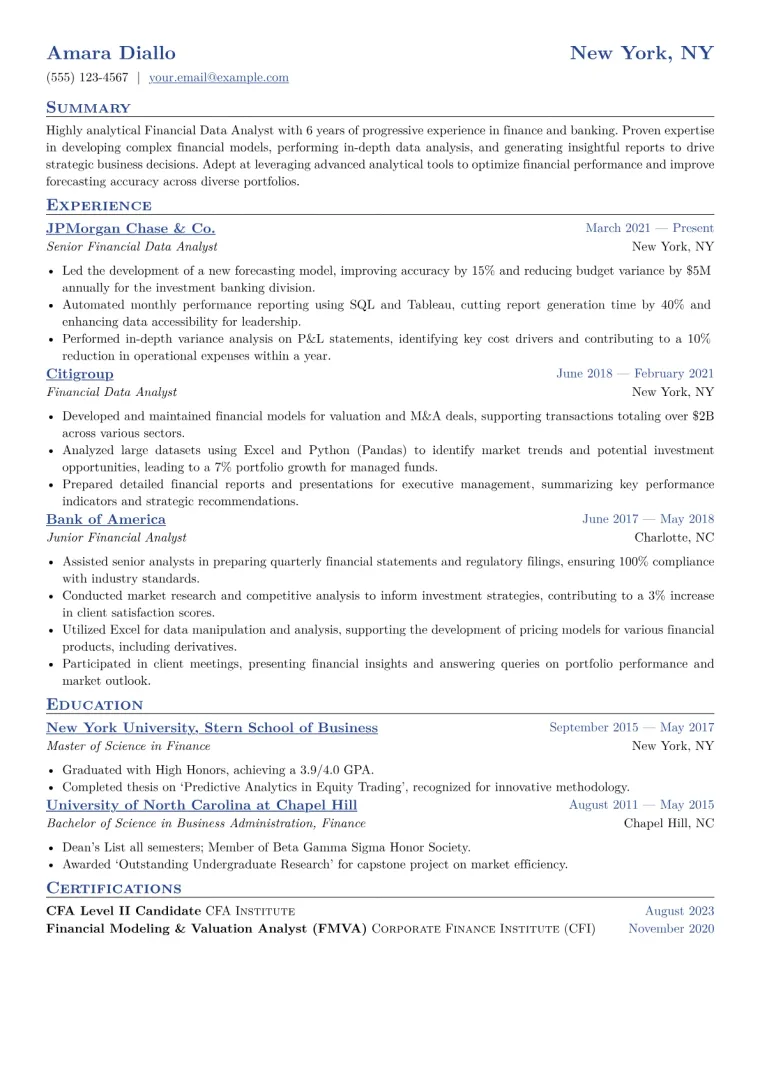 Financial Data Analyst Resume Example CV template preview
