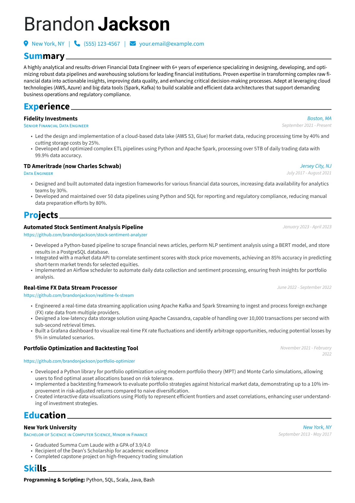 Financial Data Engineer Resume Example CV template - Page 1