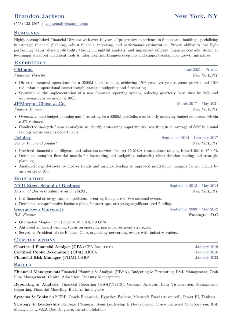 Financial Director Resume Example CV template preview