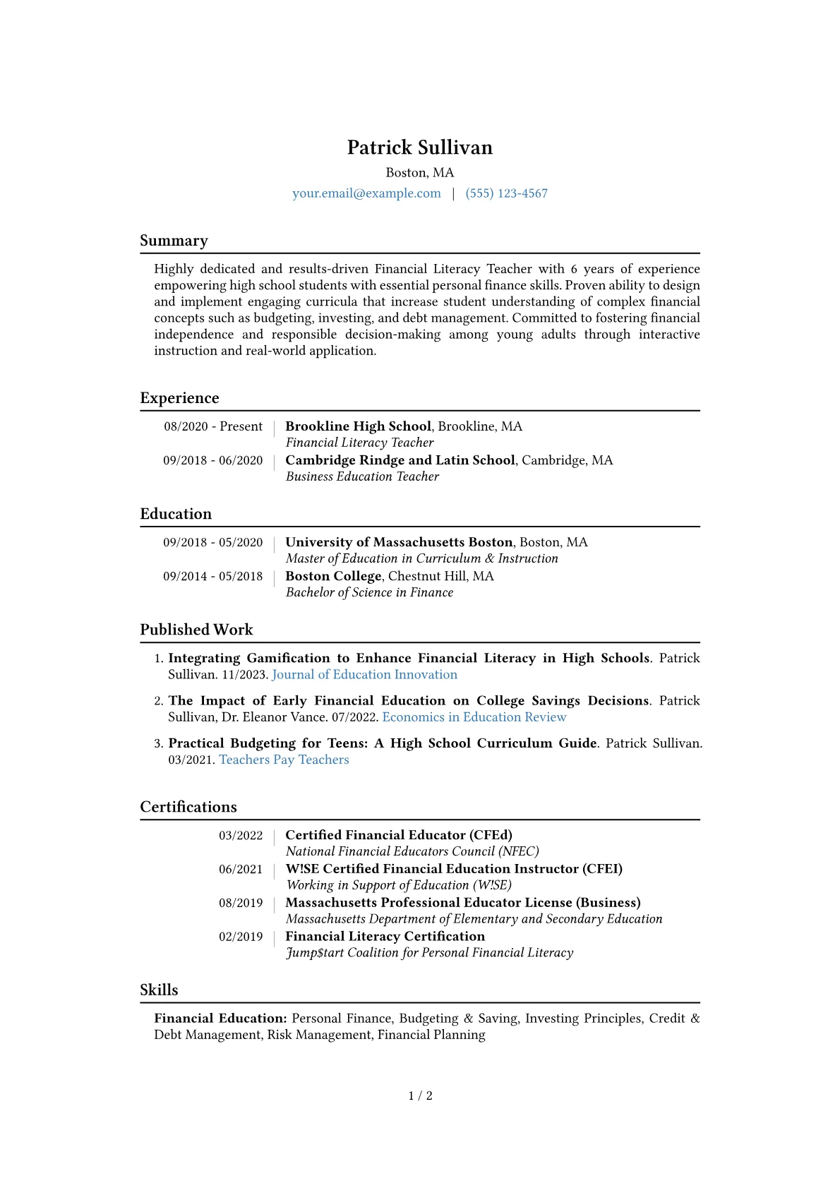 Financial Literacy Teacher Resume Example CV template - Page 1