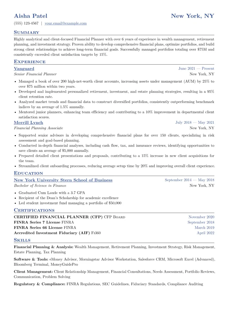 Financial Planner Resume Example CV template preview