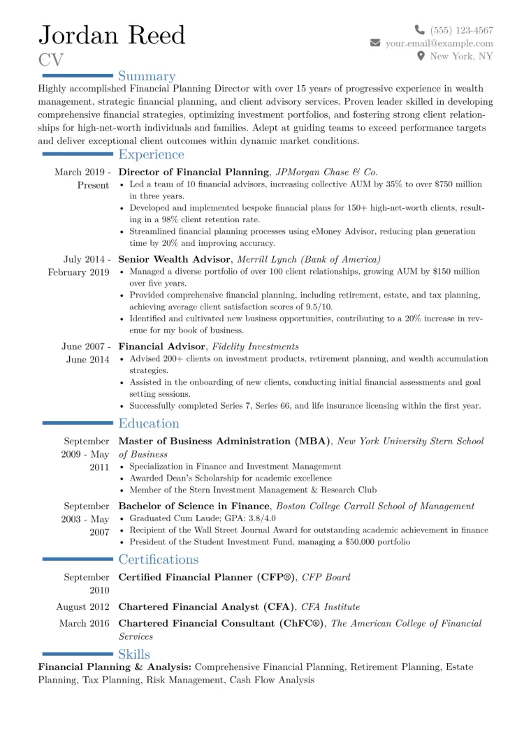 Financial Planning Director Resume Example CV template preview