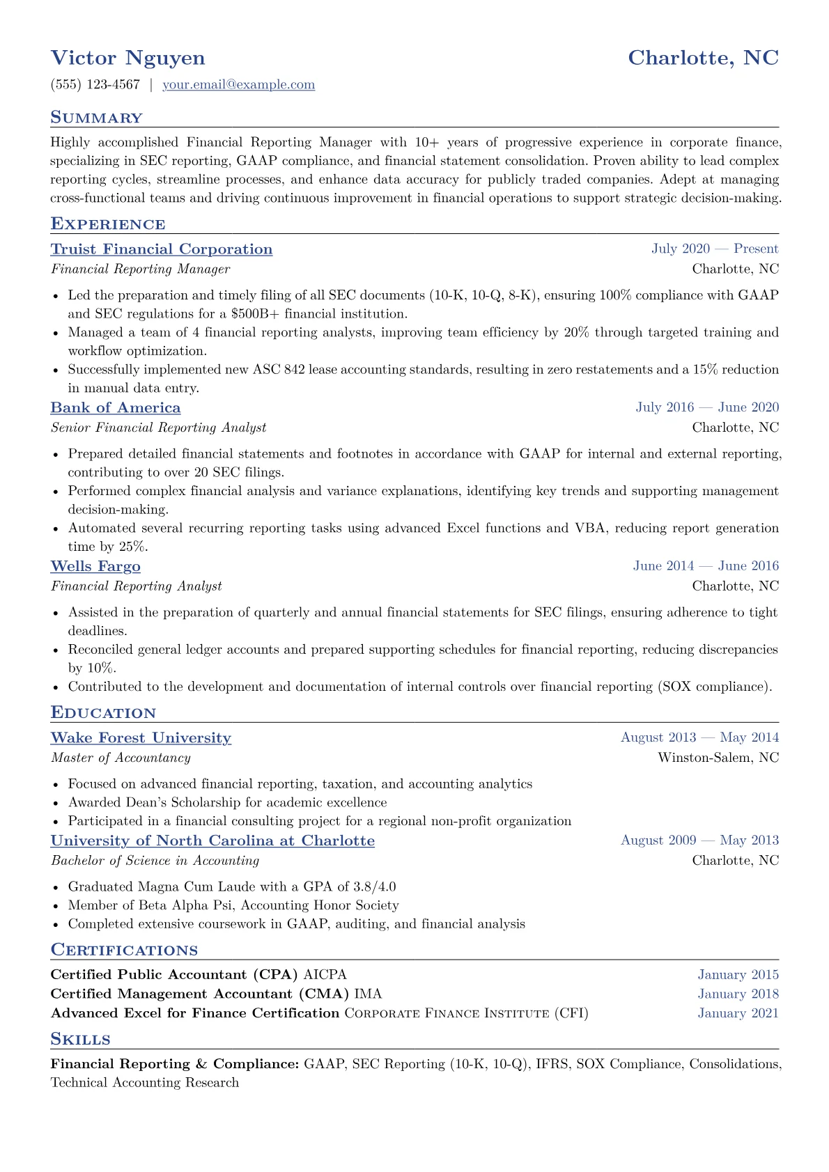 Financial Reporting Manager Resume Example CV template - Page 1