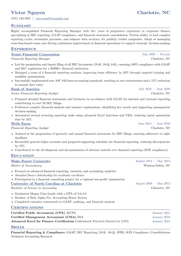 Financial Reporting Manager Resume Example CV template preview