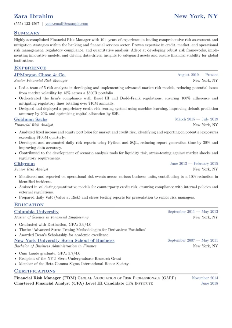 Financial Risk Manager Resume Example CV template preview