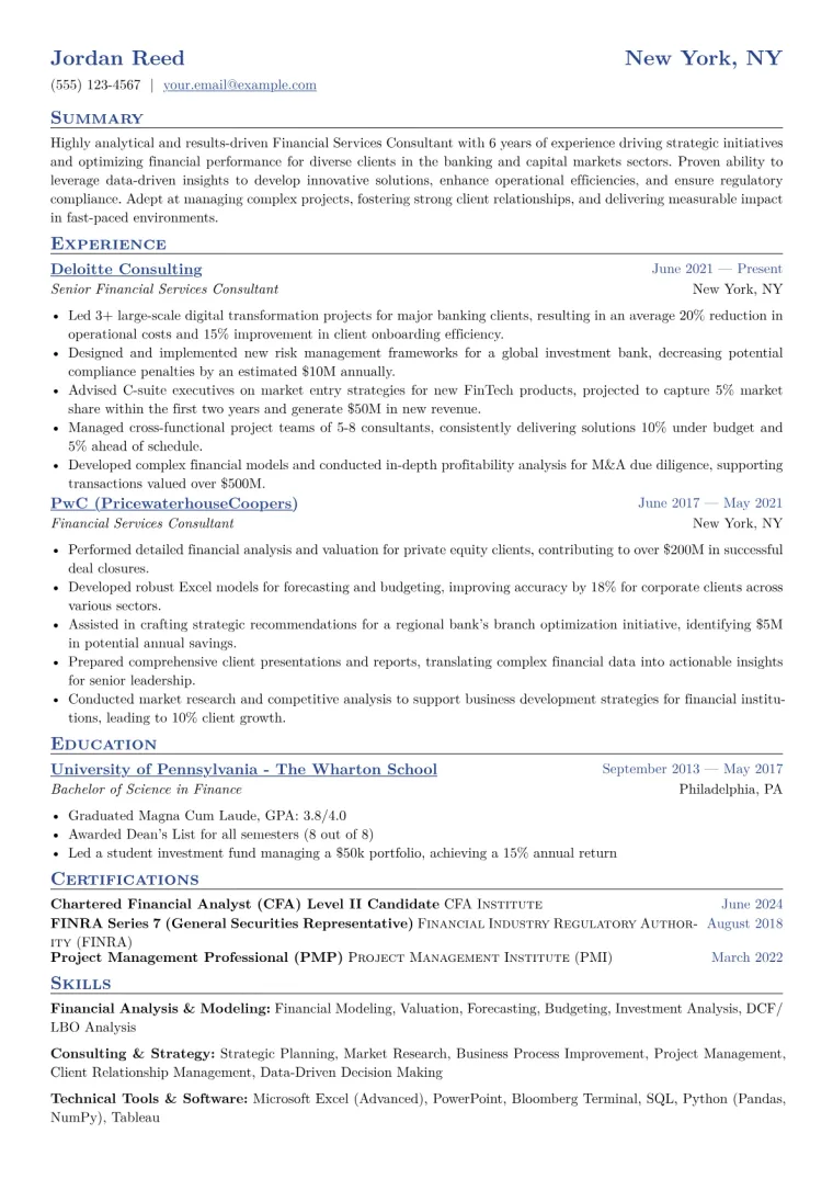 Financial Services Consultant Resume Example CV template preview