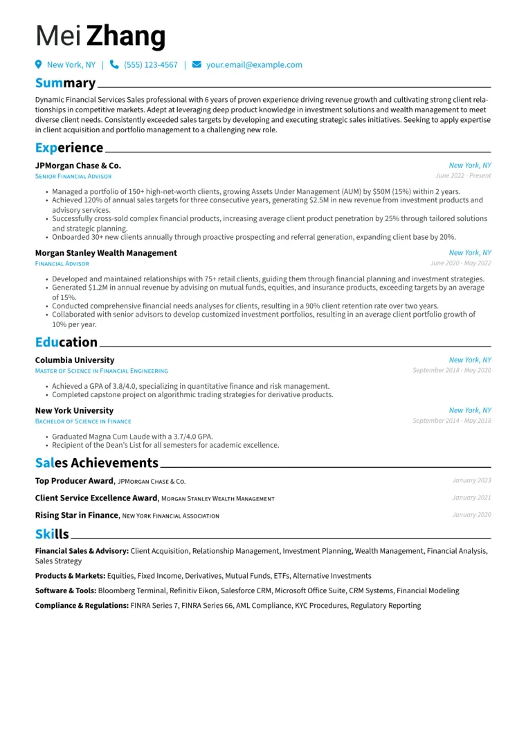 Financial Services Sales Resume Example CV template preview
