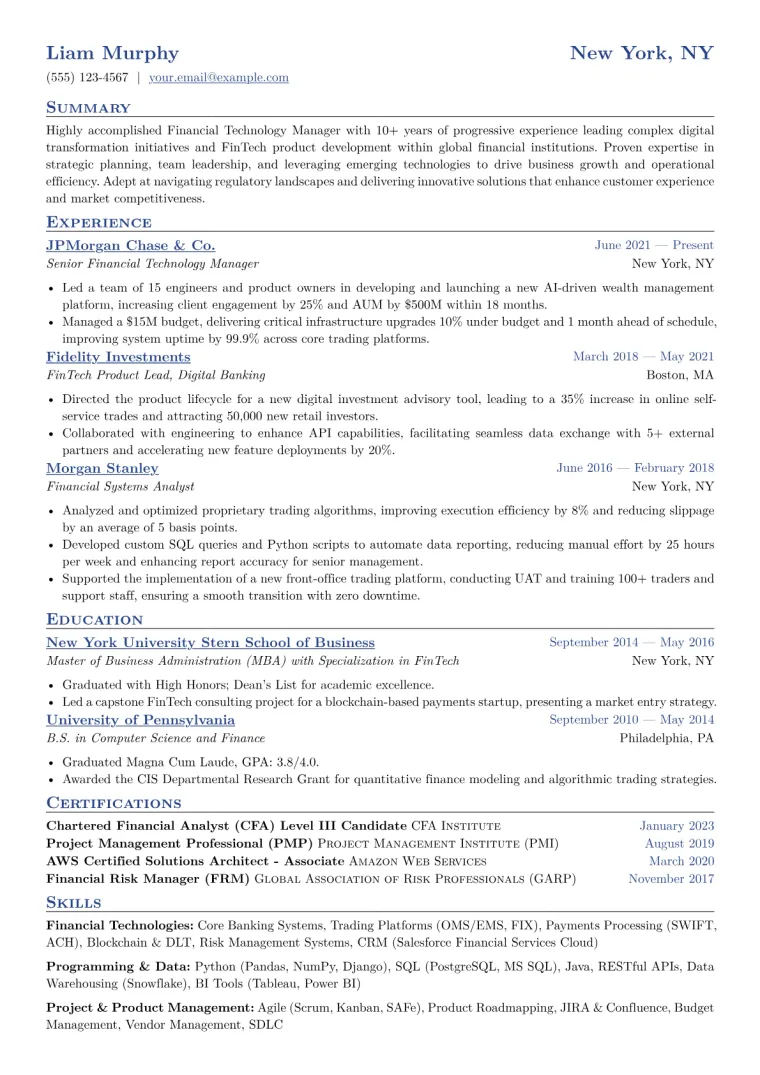 Financial Technology Manager Resume Example CV template preview