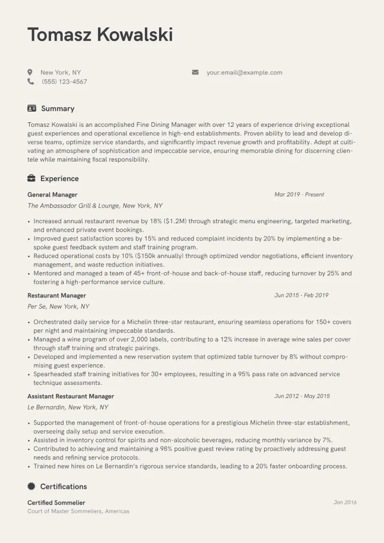 Fine Dining Manager Resume Example CV template preview
