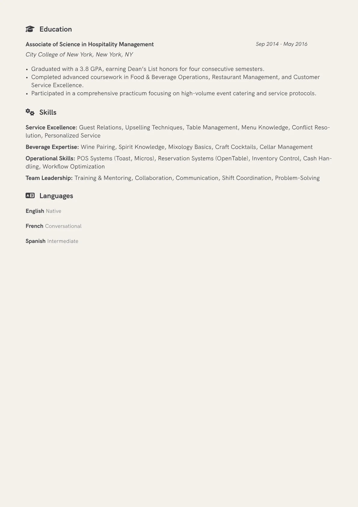 Fine Dining Server Resume Example CV template - Page 2
