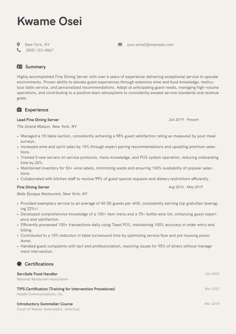 Fine Dining Server Resume Example