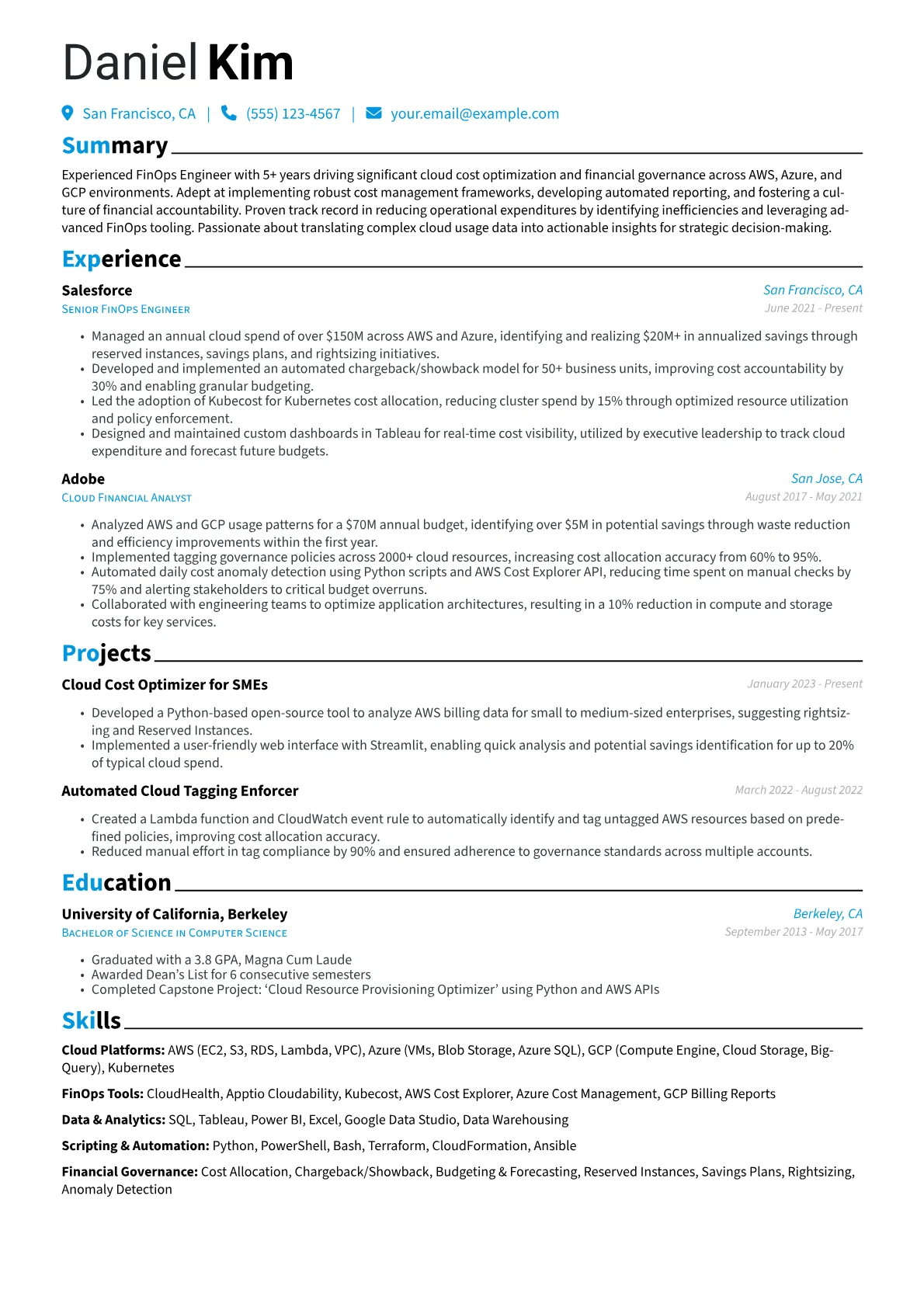 FinOps Engineer Resume Example CV template - Page 1