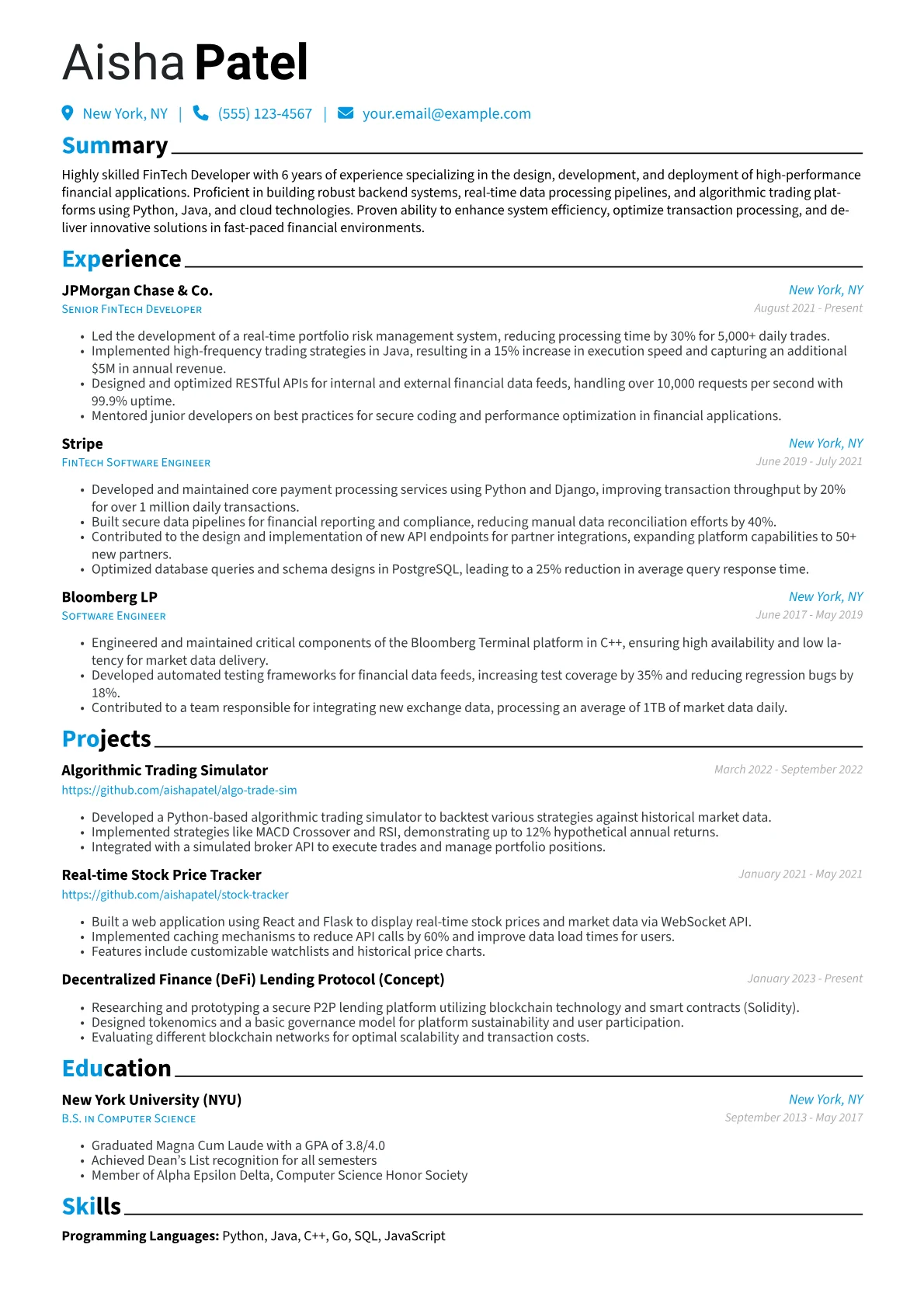 FinTech Developer Resume Example CV template - Page 1