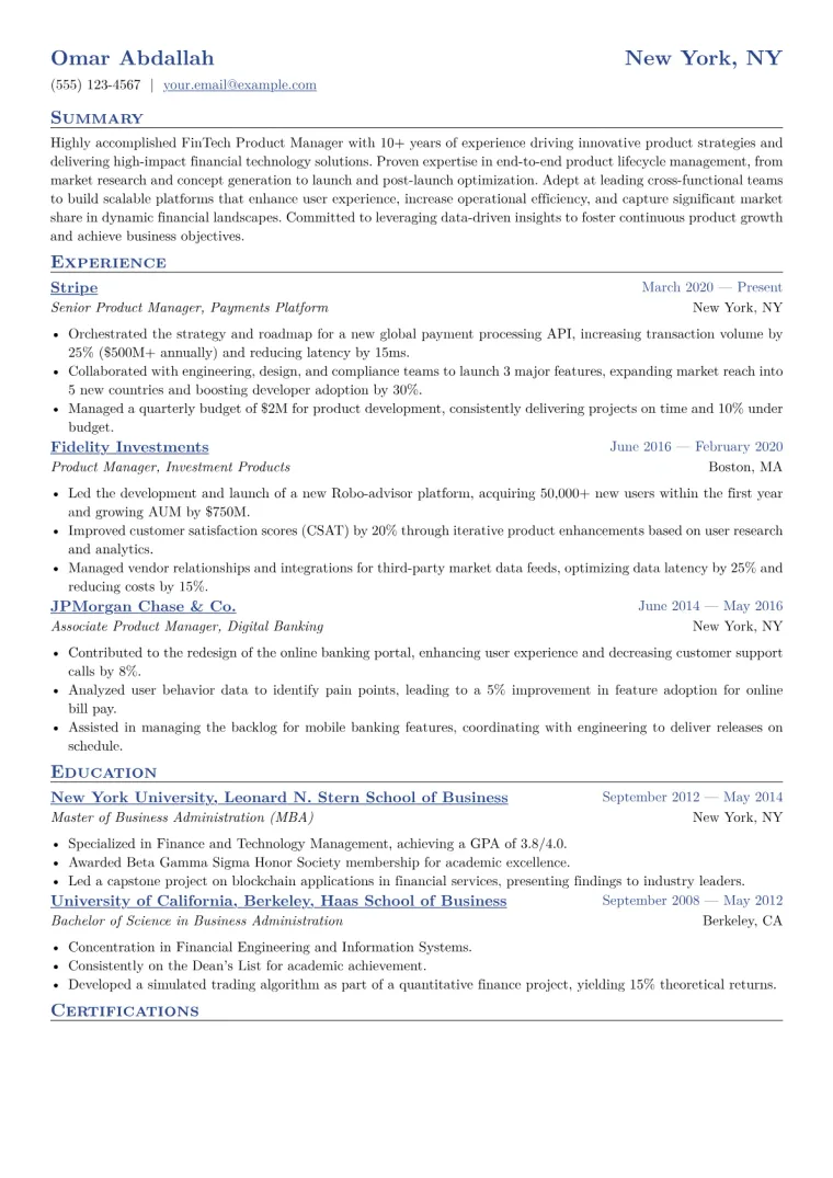 FinTech Product Manager Resume Example CV template preview
