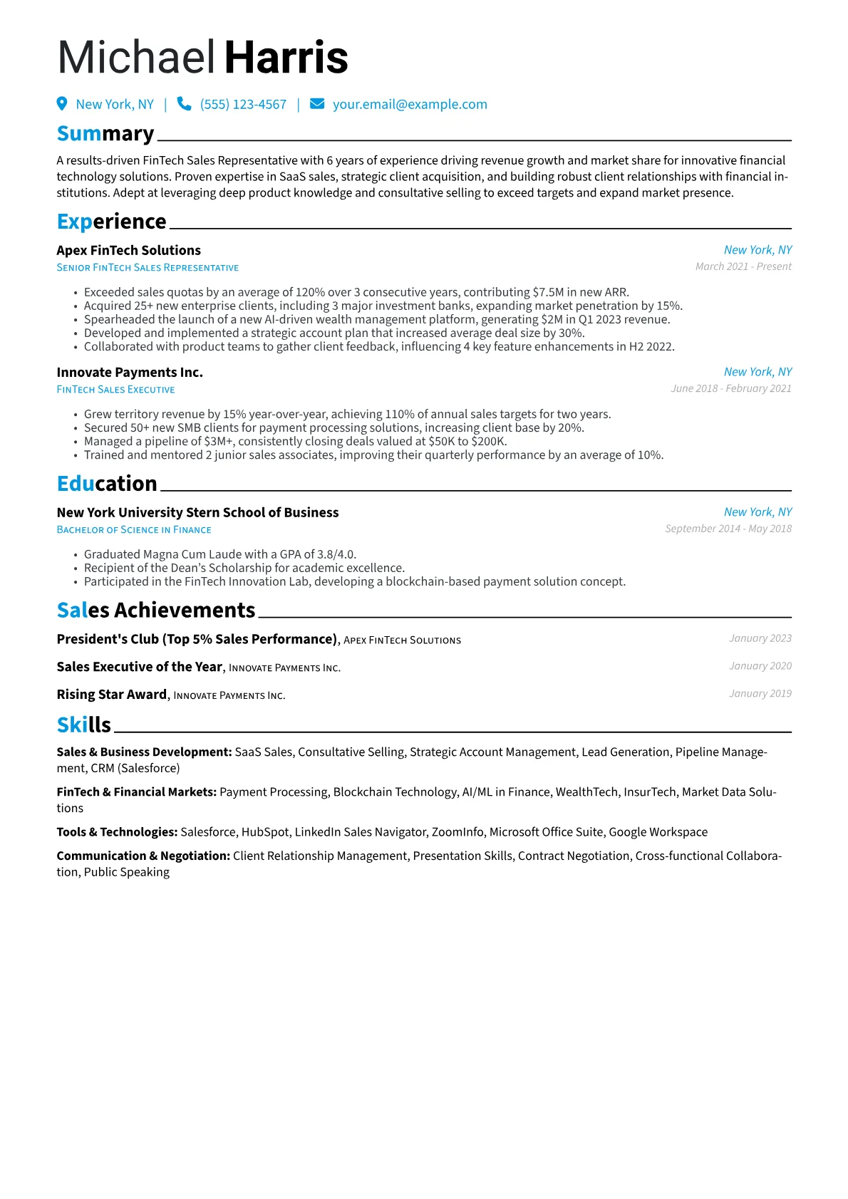 FinTech Sales Representative Resume Example CV template - Page 1