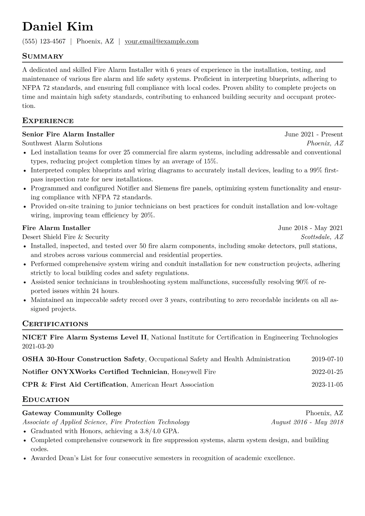 Fire Alarm Installer Resume Example CV template - Page 1