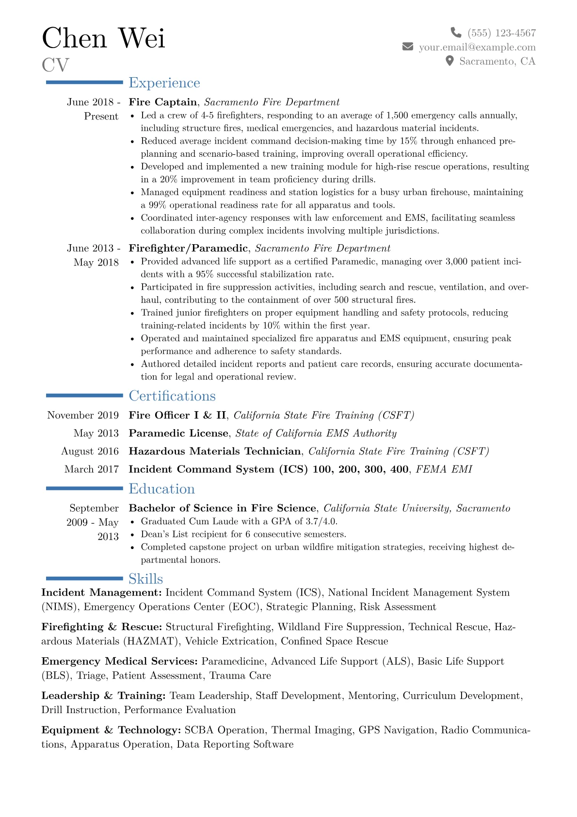 Fire Captain Resume Example CV template - Page 1