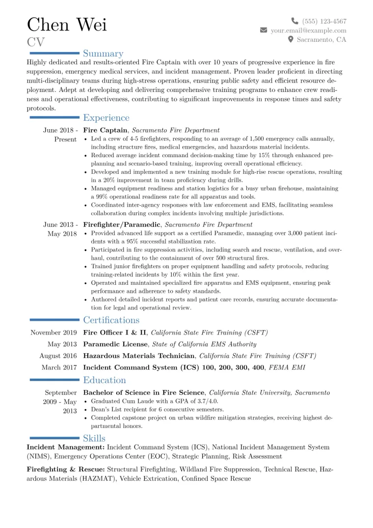 Fire Captain Resume Example CV template preview