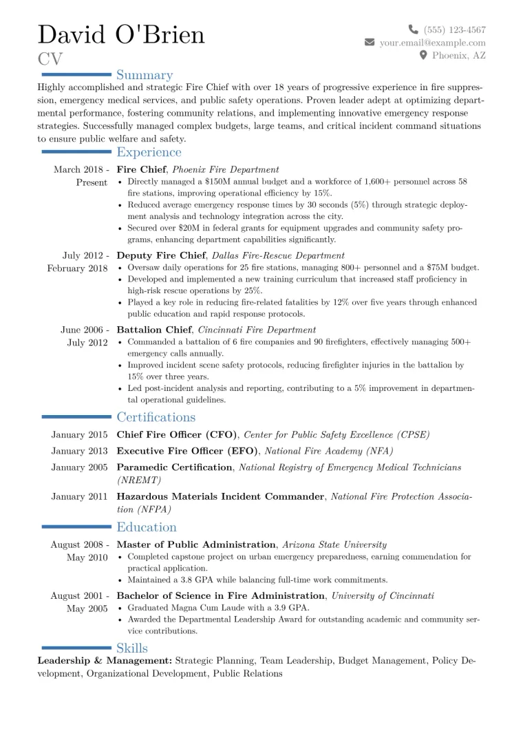 Fire Chief Resume Example CV template preview